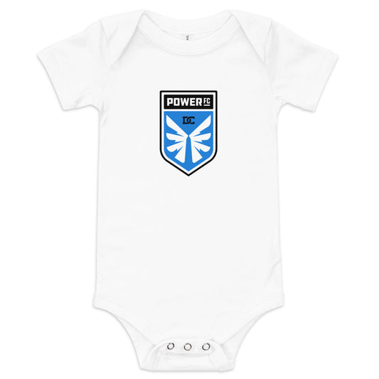 Dc power crest baby bodysuit - white